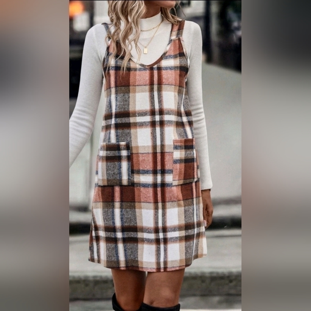 Plaid Print Dual Pocket Overall Dress Without Sweater Medium